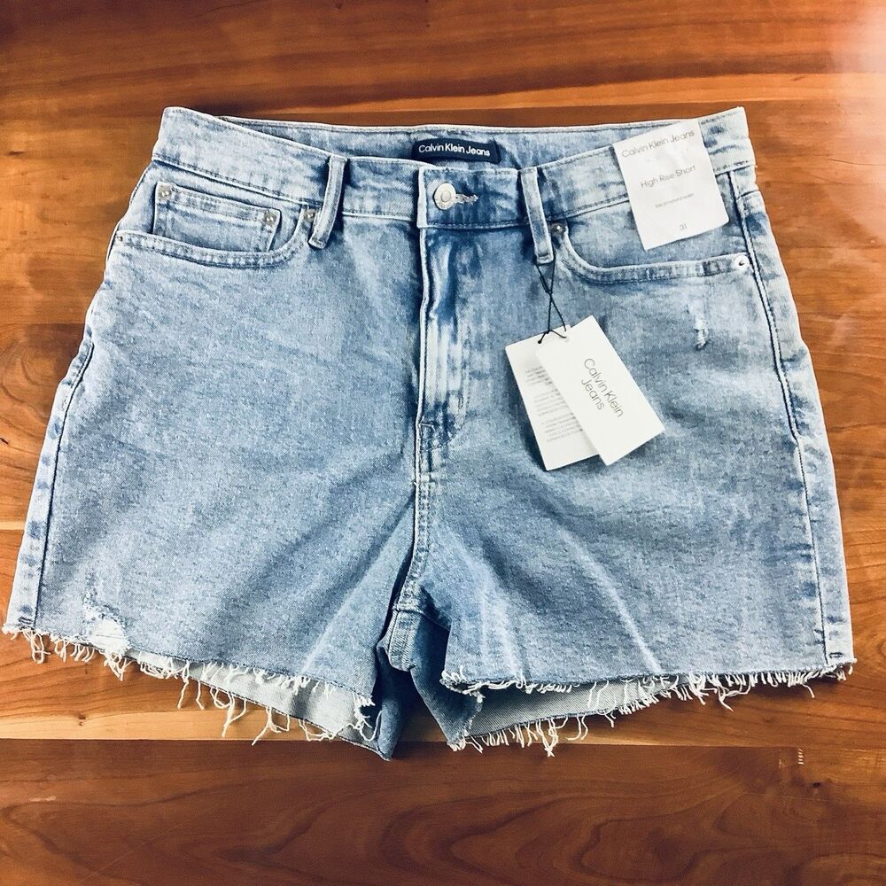 Calvin Klein Blue Jean Cut Off Shorts Distressed High Rise Women 31 31X3 Stretch